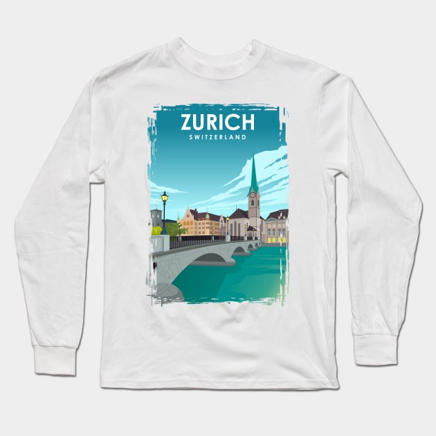 Zurich Vintage Minimal Travel Poster Long Sleeve T-Shirt by jornvanhezik